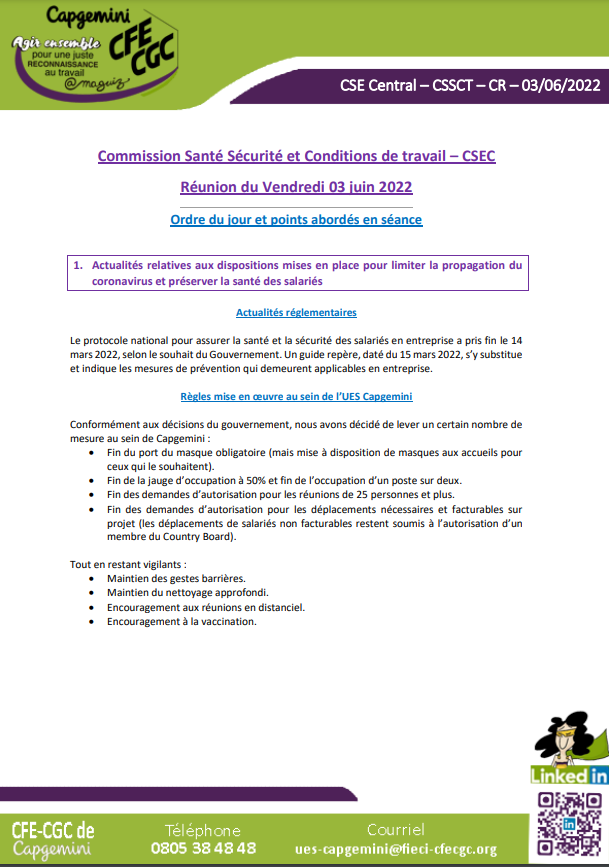 Flash - Compte Rendu Commission Santé Sécurité et Conditions de travail Centrale - 3 juin 2022