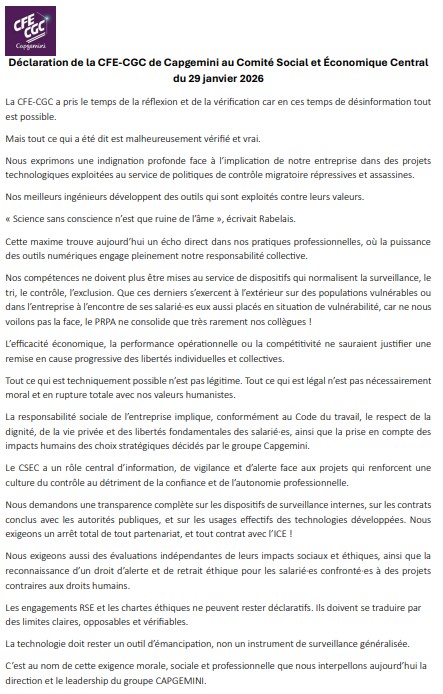 Nous exprimons une indignation profonde face à l’implication de notre entreprise dans des projets technologiques exploitées au service de politiques de contrôle migratoire répressives et assassines.