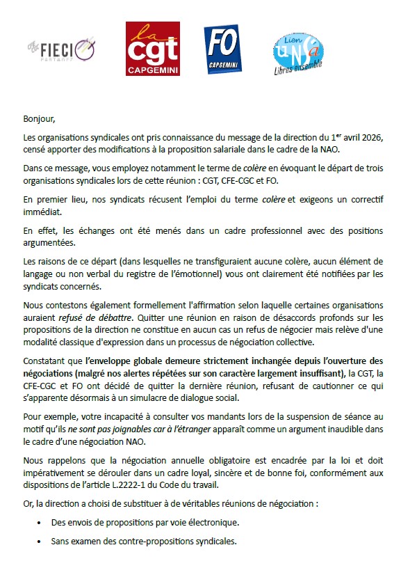 Les organisations syndicales ont pris connaissance du message de la direction du 1er avril 2026, censé apporter des modifications à la proposition salariale dans le cadre de la NAO