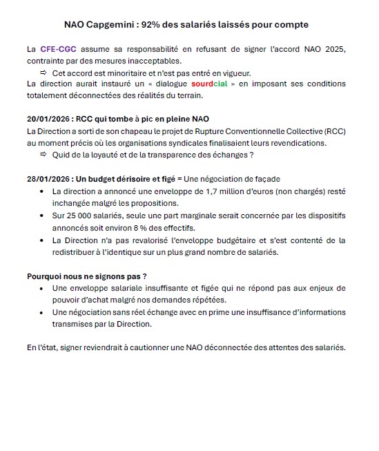 La CFE-CGC assume sa responsabilité en refusant de signer l’accord NAO 2025, contrainte par des mesures inacceptables.